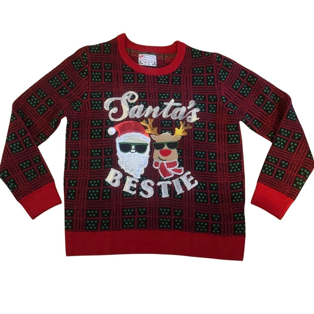 Santas Bestie Ugly Christmas Sweater Mens Large Red Green Reindeer‎ Sequin Large